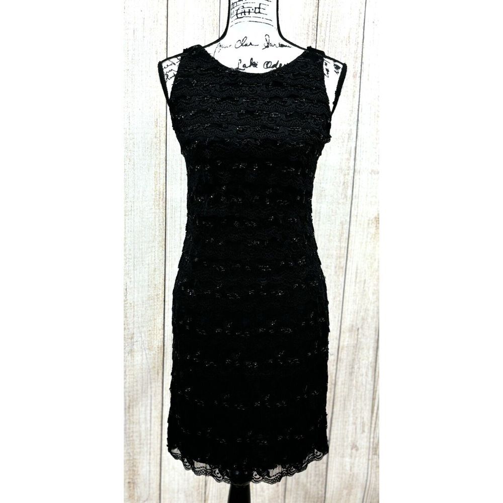Marina Sequin Lace Sheath Mini Dress Size 6 Black Sleeveless Cocktail Party